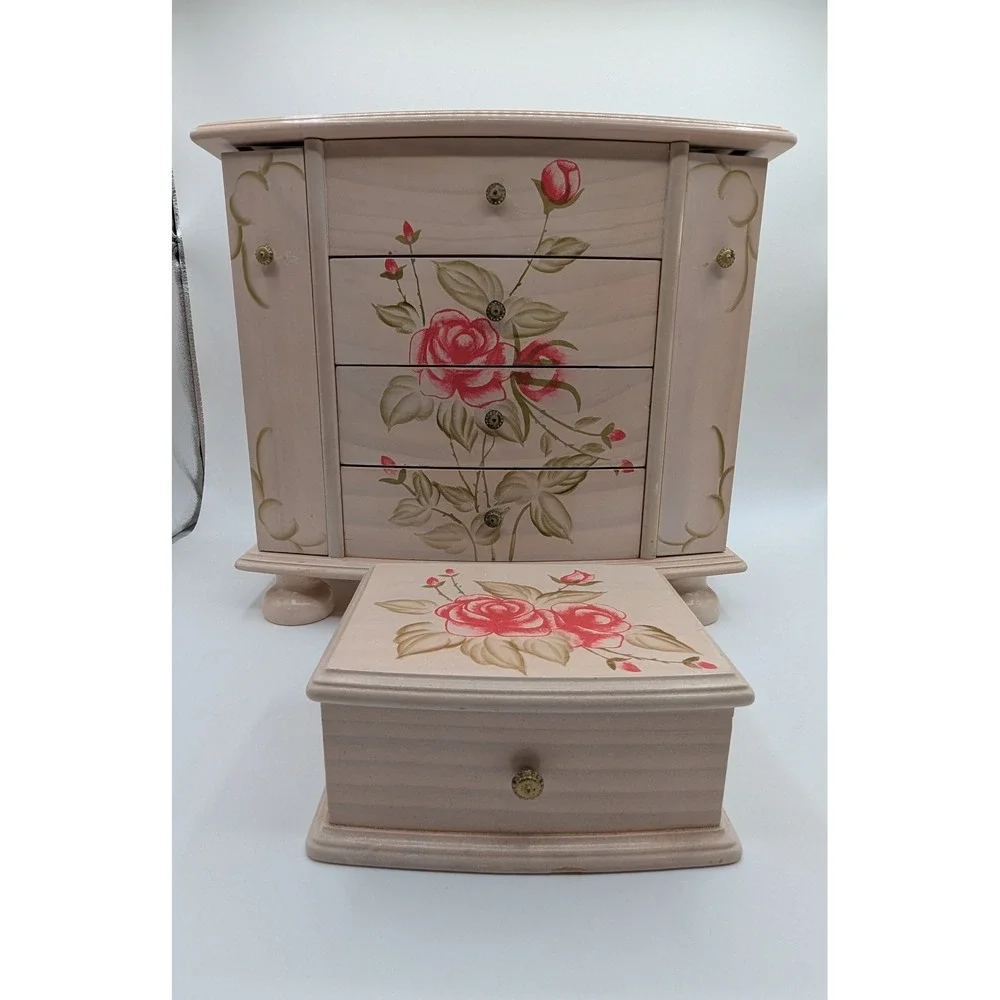 Vintage Pink Wooden Jewelry Armoire Set Rose Floral Painted LED Mirror 2 Piece